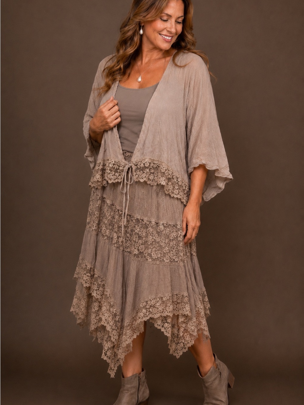 3x Zenobia light weight Taupe Lace-Trim open front cropped jacket